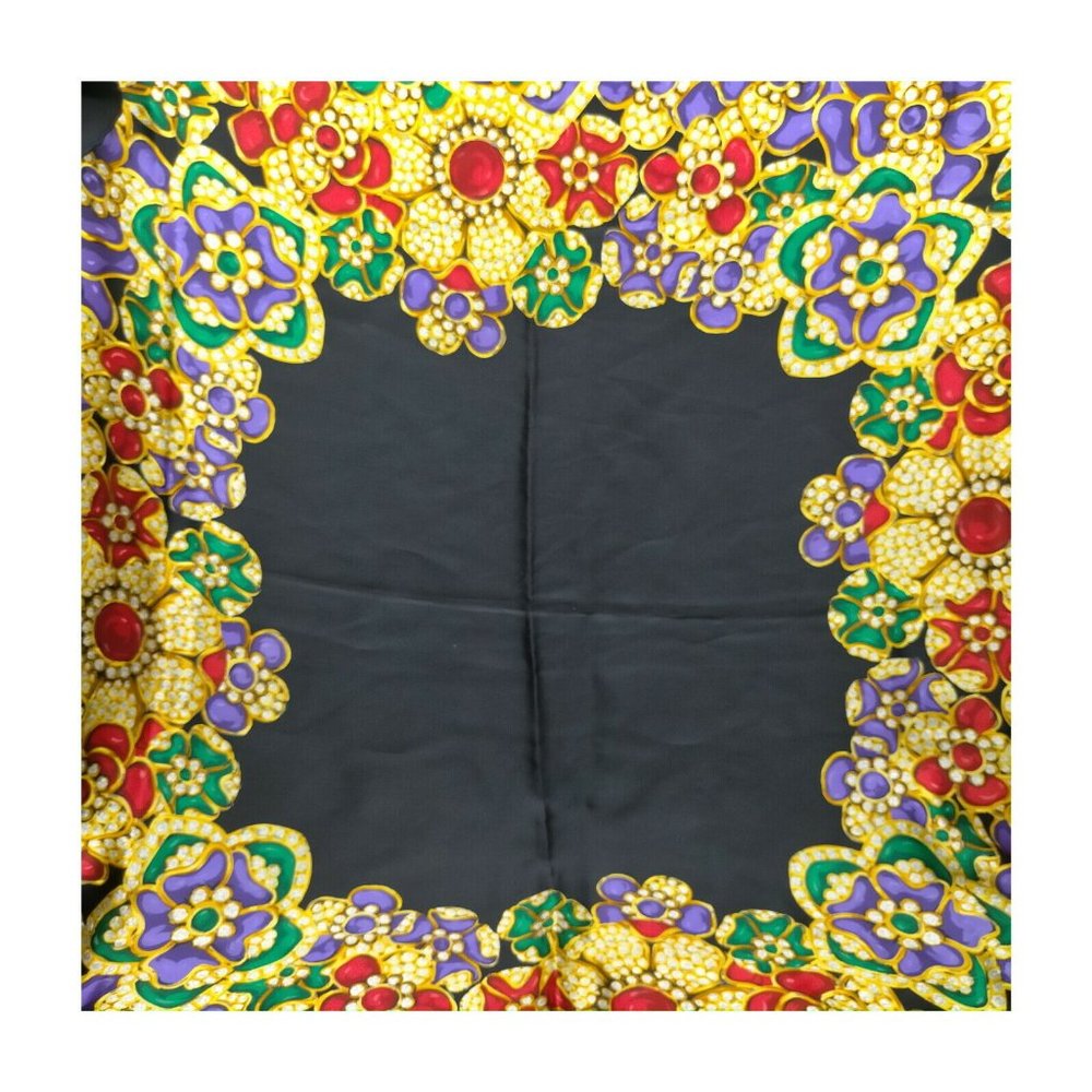 AUTHENTIC Chanel Scarf Black Silk 100% Jeweled Jewels Jewelry Design 90 cm RARE